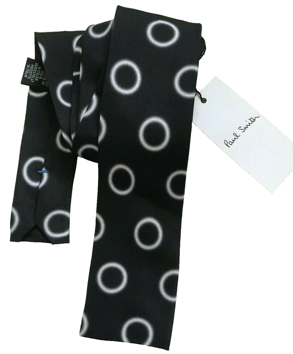 PAUL SMITH Silk Tie | Square Cut Featuring White Circle Print | Narrow 5cm Width
