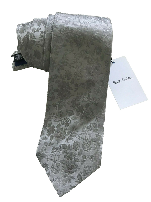 PAUL SMITH Grey Silk Tie | Contrast Floral Pattern - Blue Polka Lined | MAINLINE Collection