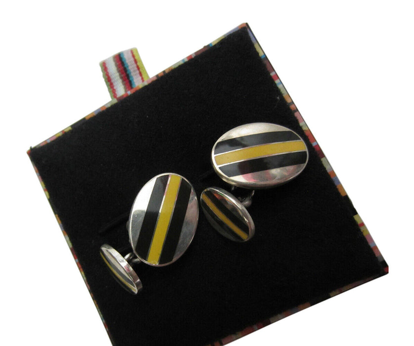 Paul Smith Sterling Silver Black & Yellow Repp Stripe Cufflinks – Oval Chain Link Design