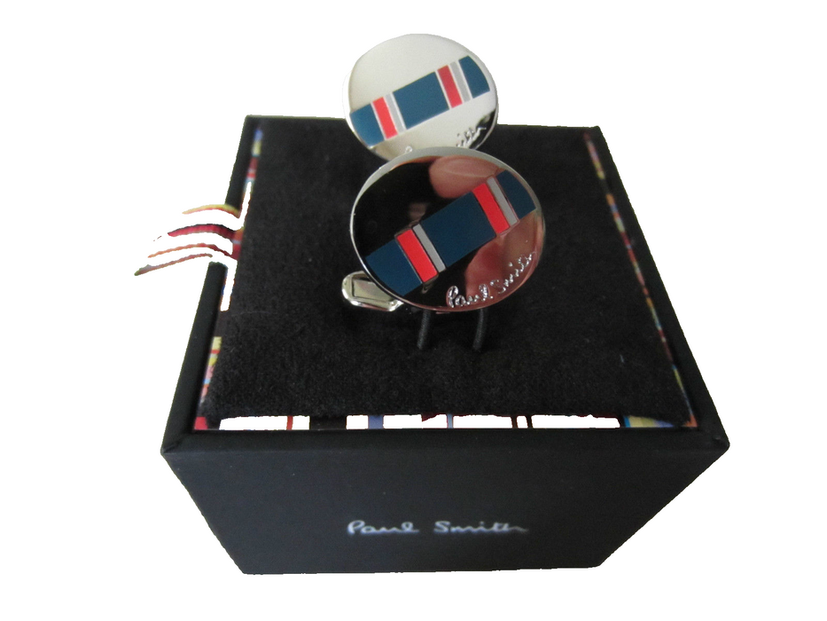 Paul Smith Silver Cufflinks with Blue & Red slant stripe