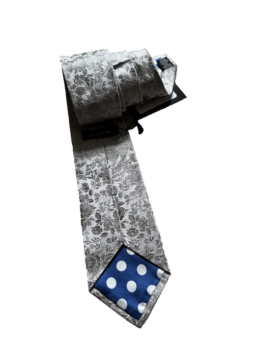 PAUL SMITH Grey Silk Tie | Contrast Floral Pattern - Blue Polka Lined | MAINLINE Collection