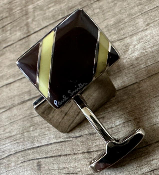Paul Smith Rectangle Cufflinks with Yellow diagonal Stripe Boxed Rare & Unique
