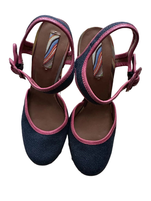 Paul Smith Pink Trim Denim Platform Sandals – Wooden Block Heel, Stud Detail,  UK 4 / EU 37
