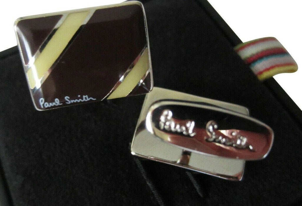 Paul Smith Rectangle Cufflinks with Yellow diagonal Stripe Boxed Rare & Unique