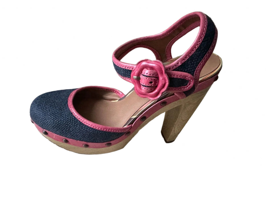 Paul Smith Pink Trim Denim Platform Sandals – Wooden Block Heel, Stud Detail,  UK 4 / EU 37