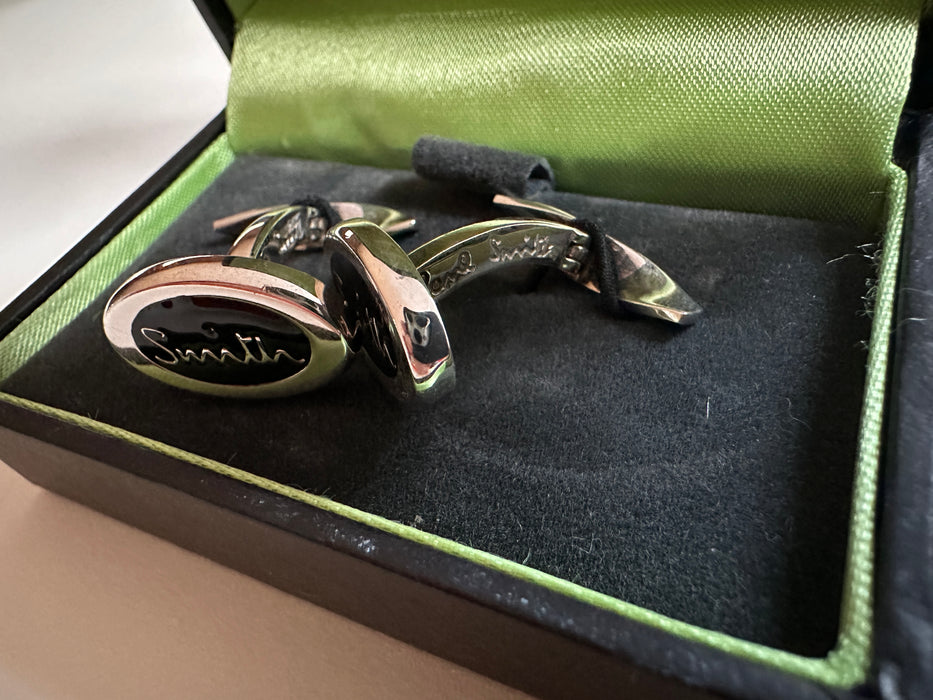 Paul Smith Cufflinks Sterling Silver "Smith" with black embellishment insert