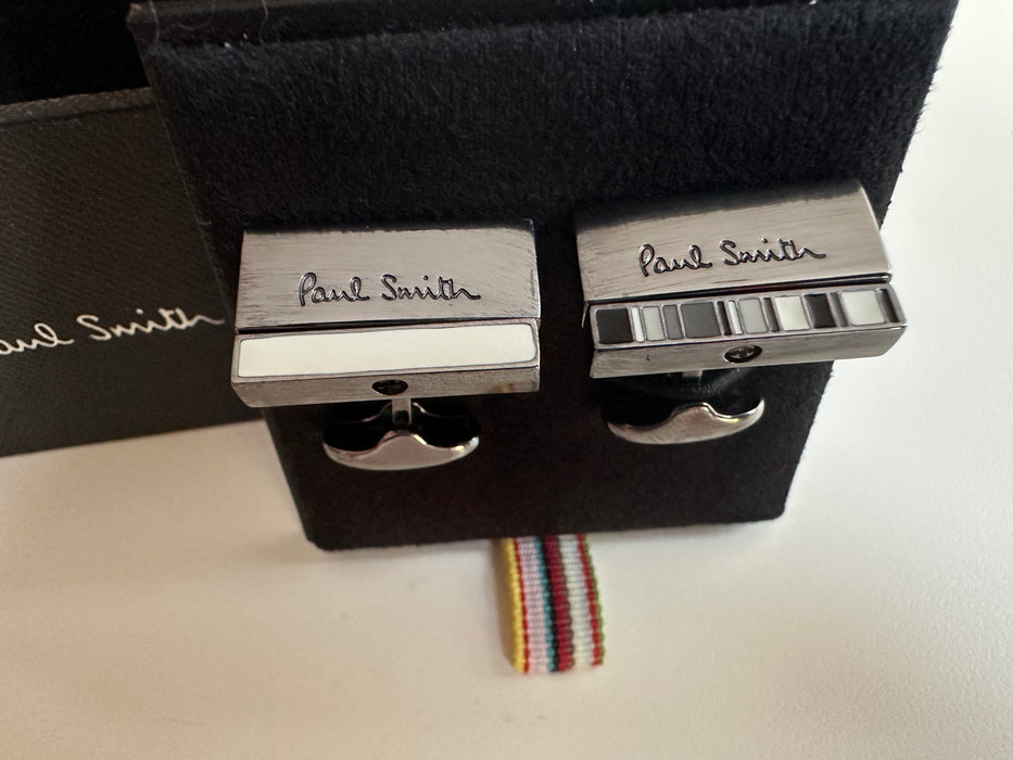 Paul Smith Swivel Block Cufflinks in multi stripe monochrome and white | 2 cufflinks in 1 | Boxed