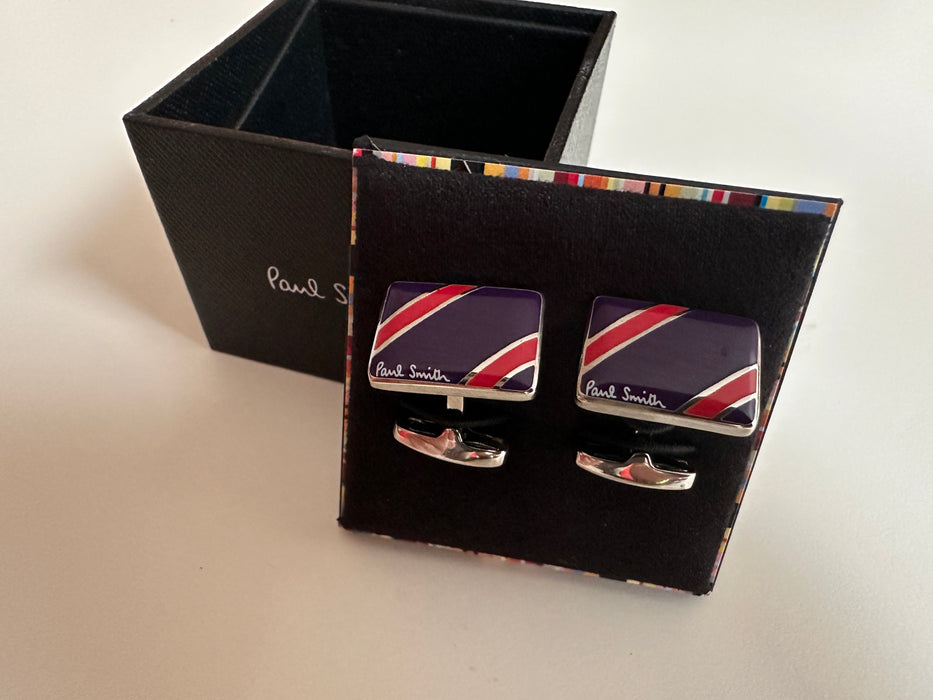 Paul Smith Rectangular Cufflinks – Red & Purple Diagonal Stripe