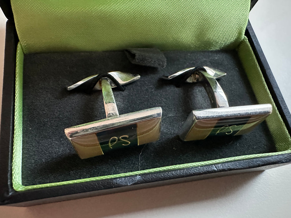 Paul Smith Sterling Silver Rectangular Cufflinks – Mother of Pearl &amp; Green Insert, Twisted Fastener