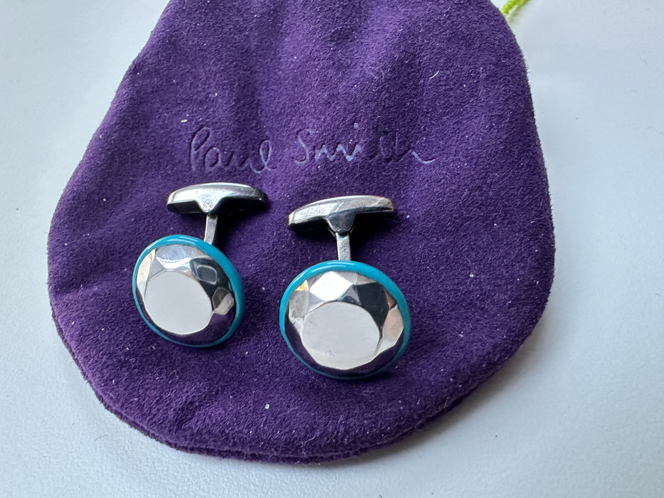 Paul Smith Sterling Silver Cufflinks with Blue Ceramic Edging - Gift Boxed