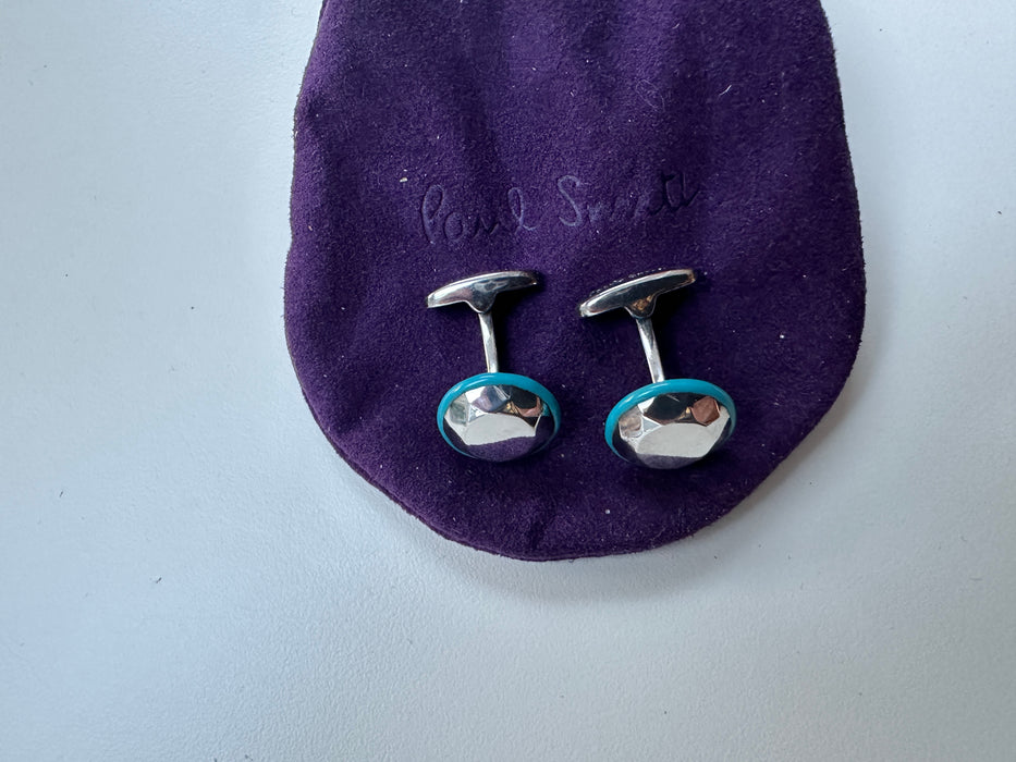 Paul Smith Sterling Silver Cufflinks with Blue Ceramic Edging - Gift Boxed
