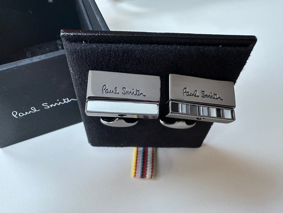 Paul Smith Swivel Block Cufflinks in multi stripe monochrome and white | 2 cufflinks in 1 | Boxed