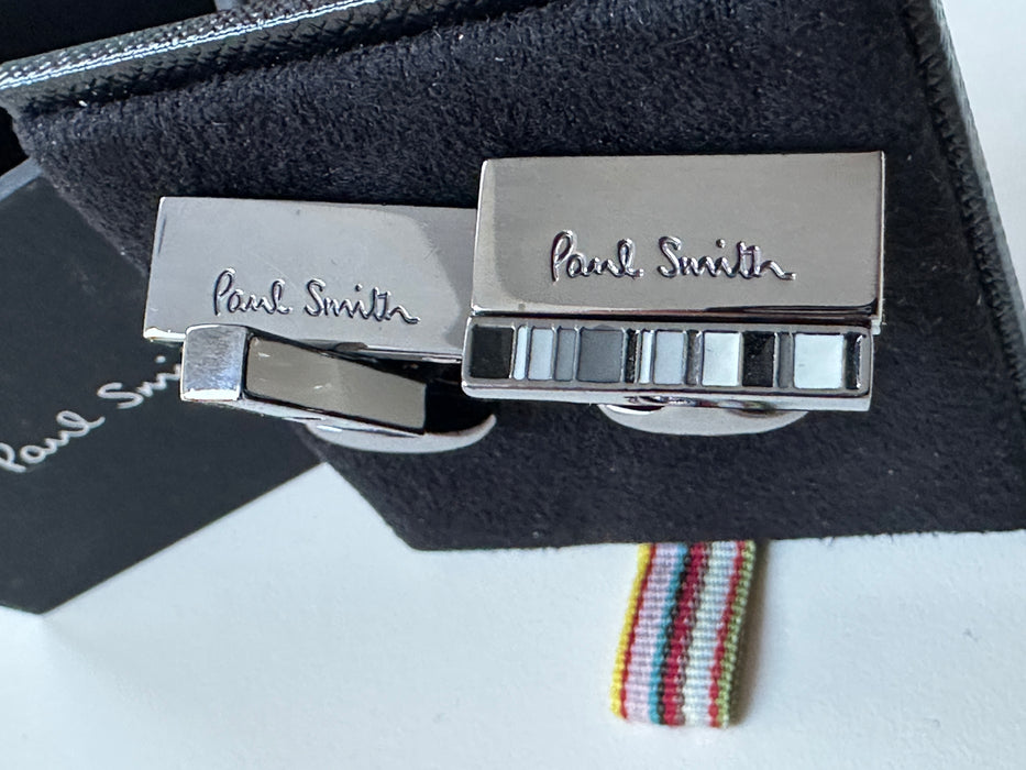 Paul Smith Swivel Block Cufflinks in multi stripe monochrome and white | 2 cufflinks in 1 | Boxed