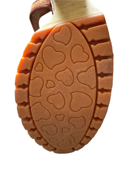 Paul Smith Tan with Bronze Trim Denim Platform Sandals – Wooden Block Heel, Stud Detail,Size  UK 4 / 37