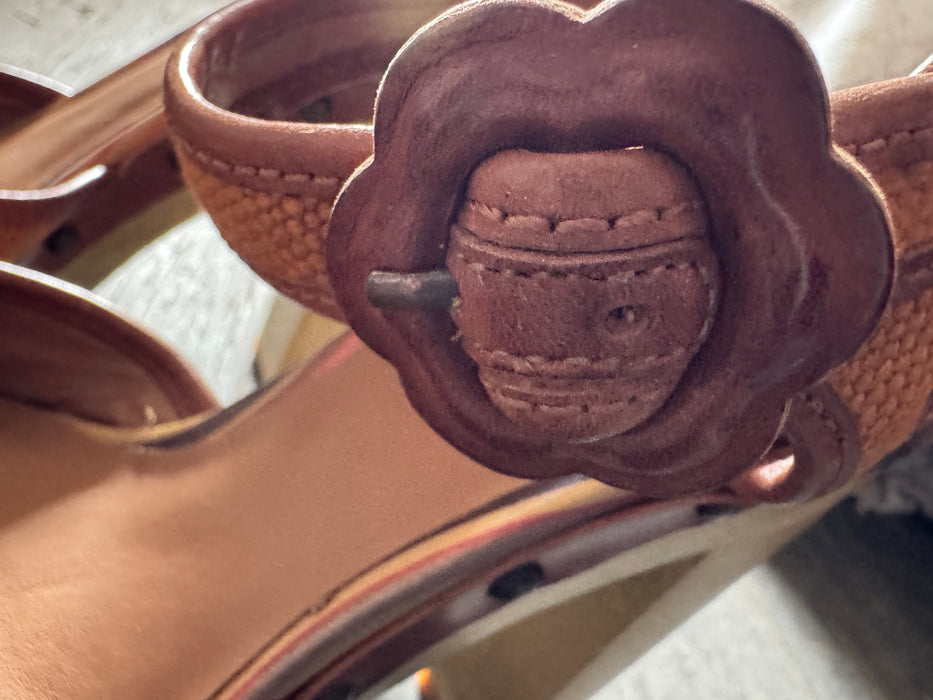 Paul Smith Tan with Bronze Trim Denim Platform Sandals – Wooden Block Heel, Stud Detail,Size  UK 4 / 37