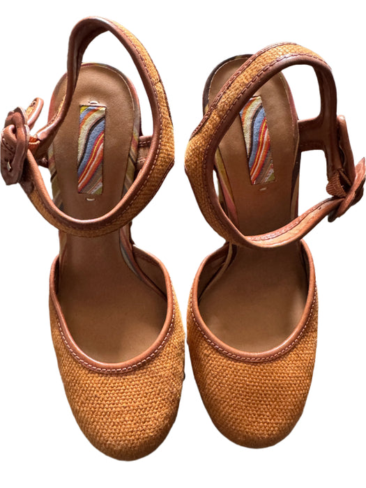 Paul Smith Tan with Bronze Trim Denim Platform Sandals – Wooden Block Heel, Stud Detail,Size  UK 4 / 37