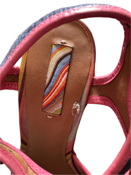 Paul Smith Pink Trim Denim Platform Sandals – Wooden Block Heel, Stud Detail,  UK 4 / EU 37