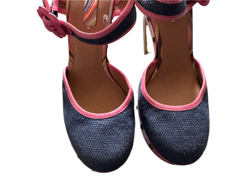Paul Smith Pink Trim Denim Platform Sandals – Wooden Block Heel, Stud Detail,  UK 4 / EU 37