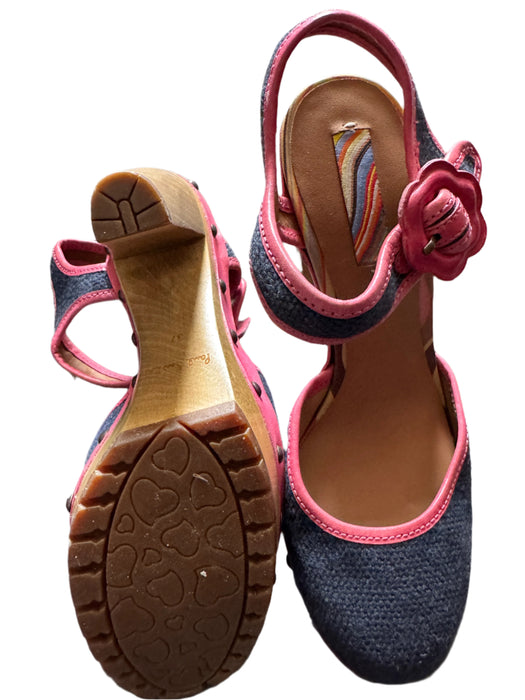 Paul Smith Pink Trim Denim Platform Sandals – Wooden Block Heel, Stud Detail,  UK 4 / EU 37