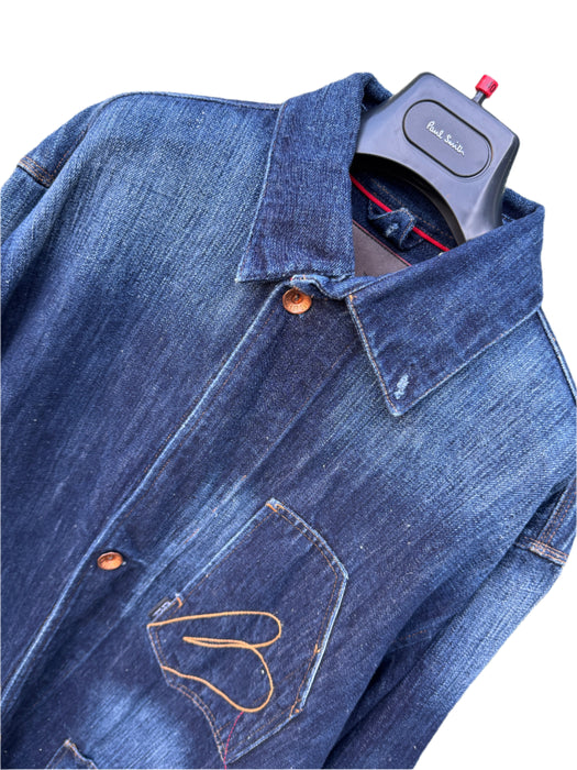 Paul Smith RED EAR Distressed Indigo Chore Jacket with Red Ear Detail - Rare, Exclusive Style - Size L