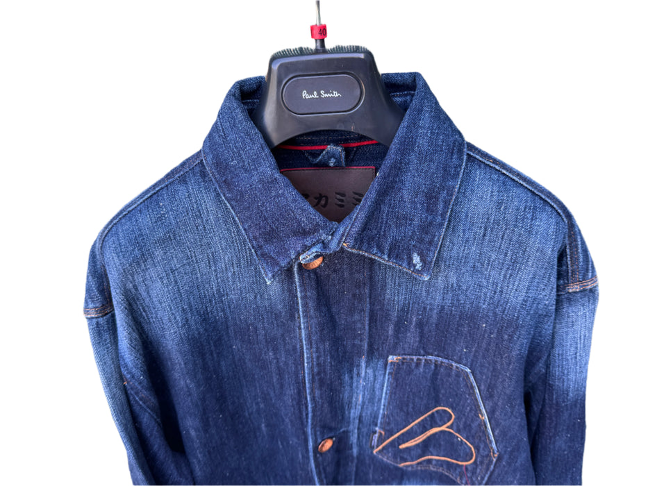 Paul Smith RED EAR Distressed Indigo Chore Jacket with Red Ear Detail - Rare, Exclusive Style - Size L