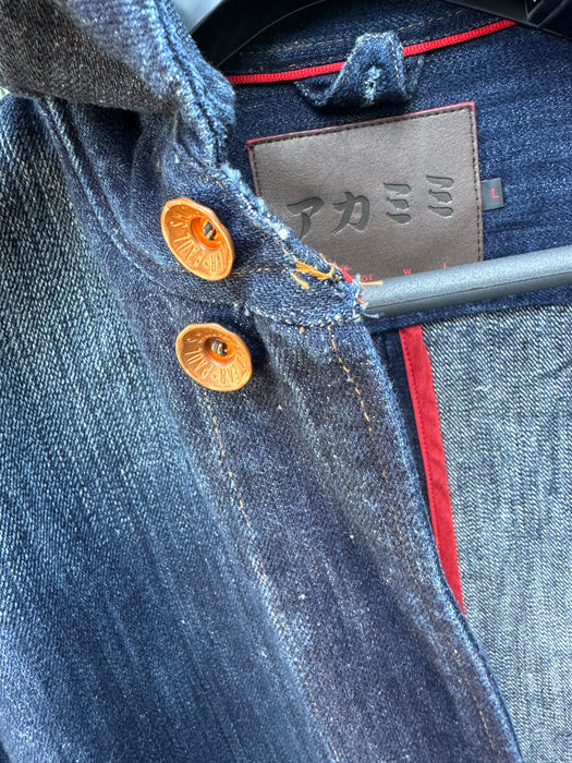 Paul Smith RED EAR Distressed Indigo Chore Jacket with Red Ear Detail - Rare, Exclusive Style - Size L