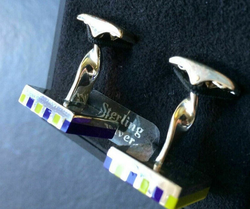 Paul Smith Cufflinks Sterling Silver Yellow Purple Stripe "PS" Square