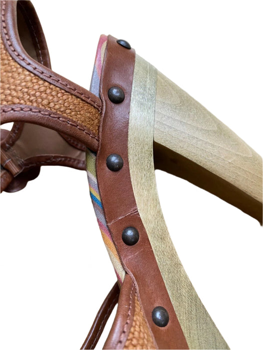 Paul Smith Tan with Bronze Trim Denim Platform Sandals – Wooden Block Heel, Stud Detail,Size  UK 4 / 37