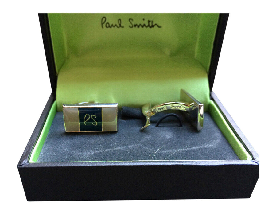 Paul Smith Sterling Silver Rectangular Cufflinks – Mother of Pearl &amp; Green Insert, Twisted Fastener