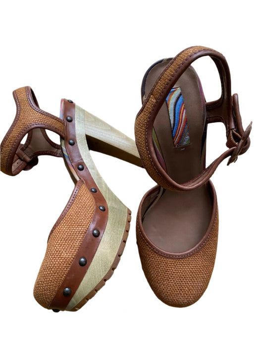 Paul Smith Tan with Bronze Trim Denim Platform Sandals – Wooden Block Heel, Stud Detail,Size  UK 4 / 37